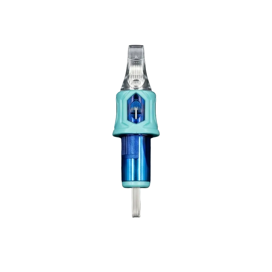 High Tattoo Diamond Cartridge System - Technical top-down view of a sterile tattoo needle cartridge with a turquoise grip, metallic blue body, and transparent tip housing. Optimized for needle stability and safety membrane.