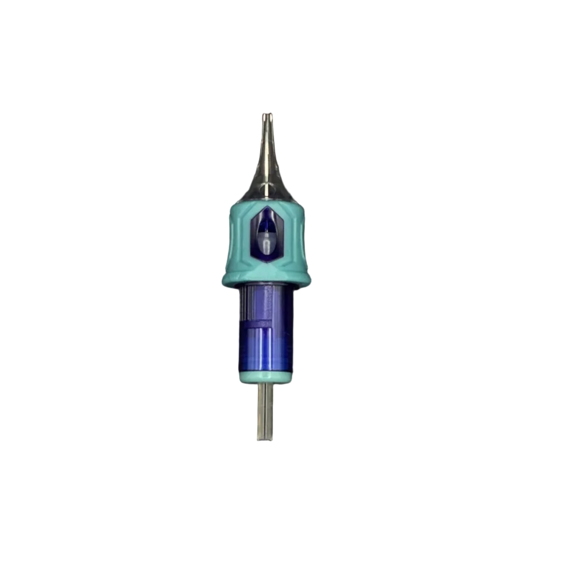 High Tattoo Diamond Cartridge System - Precise top-down view of a sterile tattoo needle cartridge with a turquoise grip, metallic blue body, and transparent tip housing. Designed for needle stability and safety membrane.