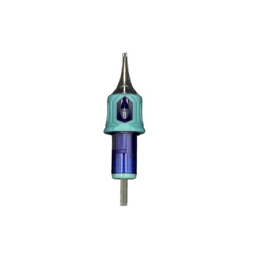High Tattoo Diamond Cartridge System - Precise top-down view of a sterile tattoo needle cartridge with a turquoise grip, metallic blue body, and transparent tip housing. Designed for needle stability and safety membrane.