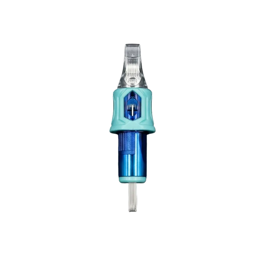 High Tattoo Diamond Cartridge System - Technical top-down view of a sterile tattoo needle cartridge with a turquoise grip, metallic blue body, and transparent tip housing. Optimized for needle stability and safety membrane.
